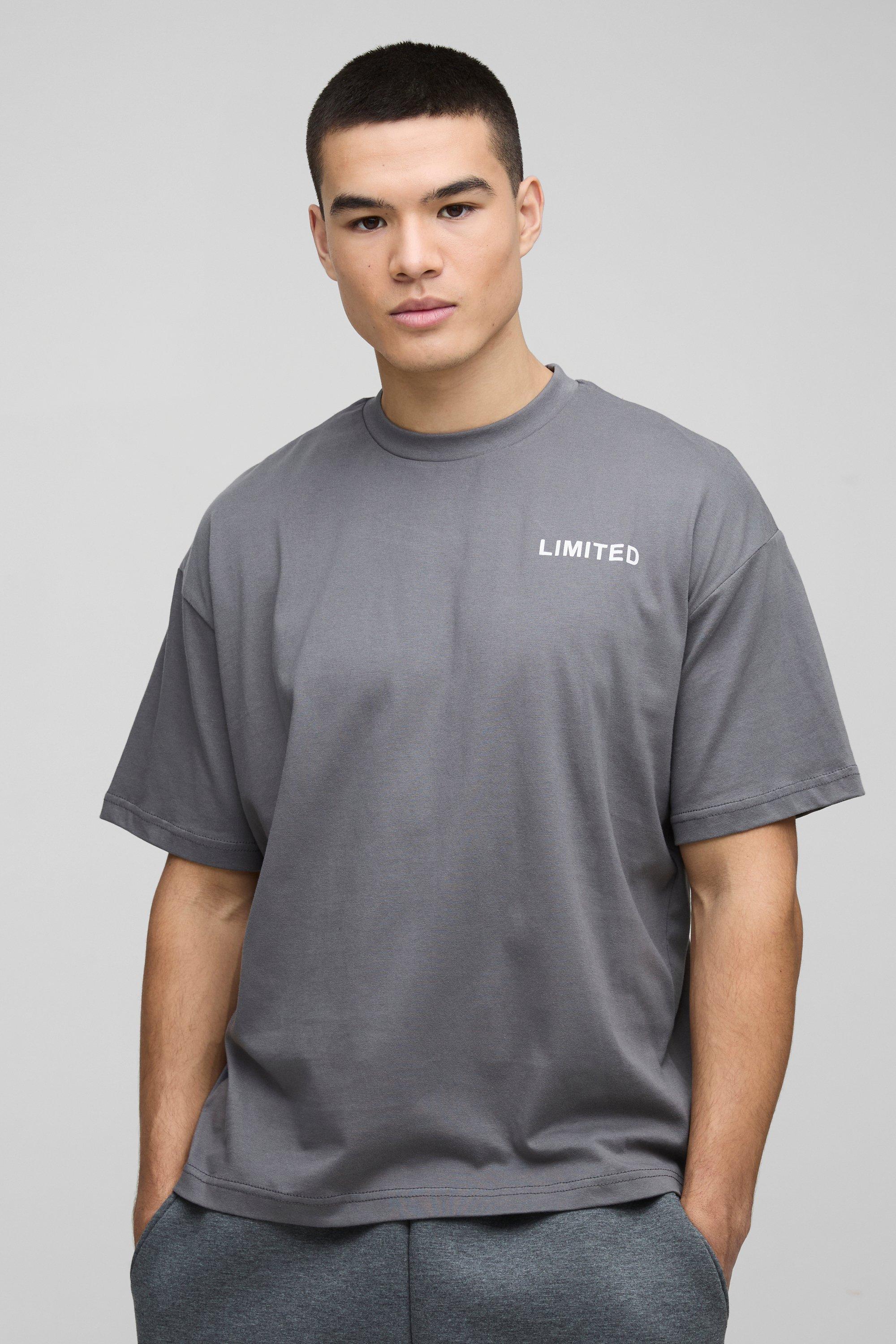 Mens Grey Oversized Raised Limited Text T-shirt, Grey